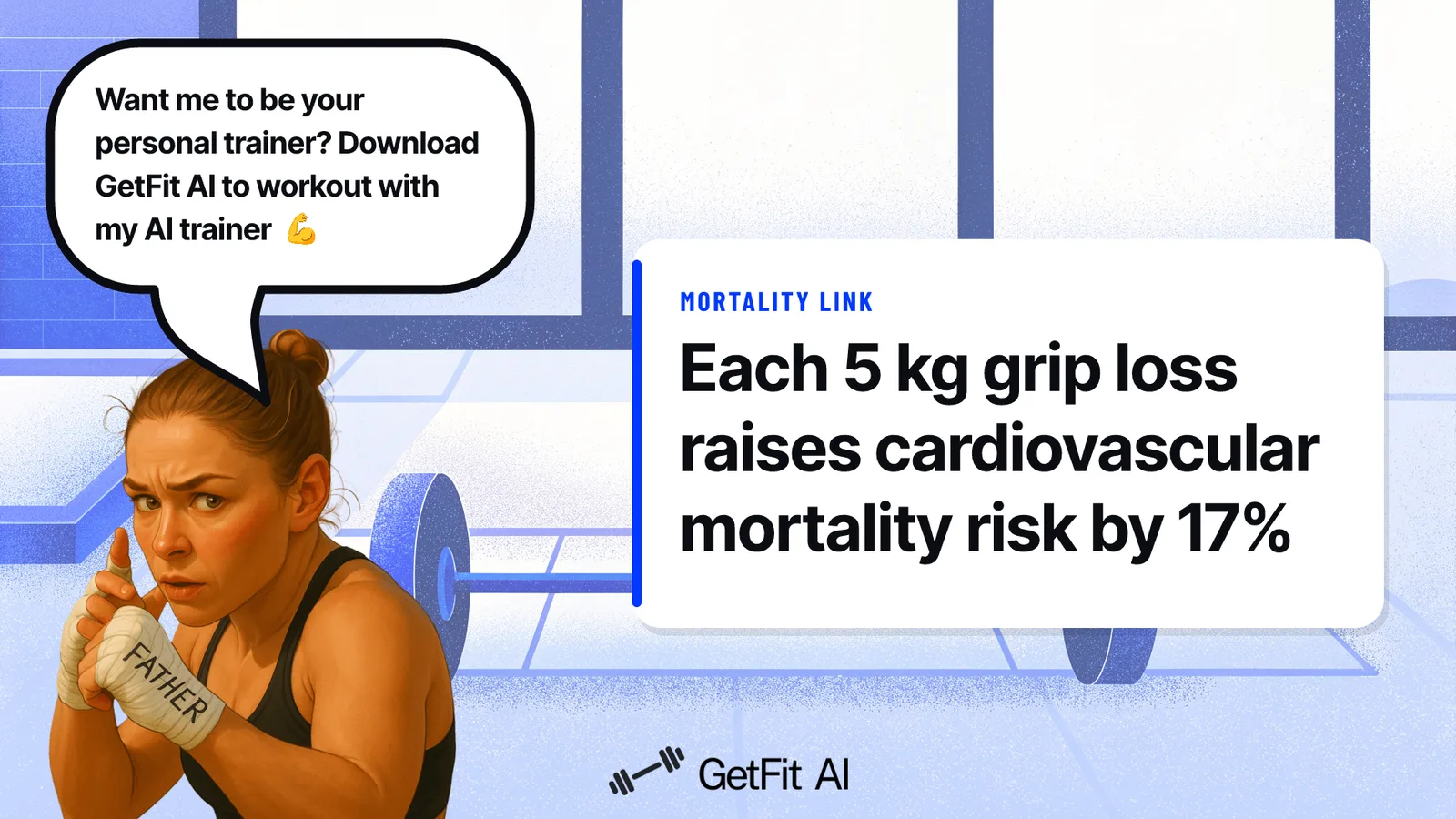 Ronda Rousey stands beside a card on a deadlift platform reading: Each 5 kg grip loss raises cardiovascular mortality risk by 17%