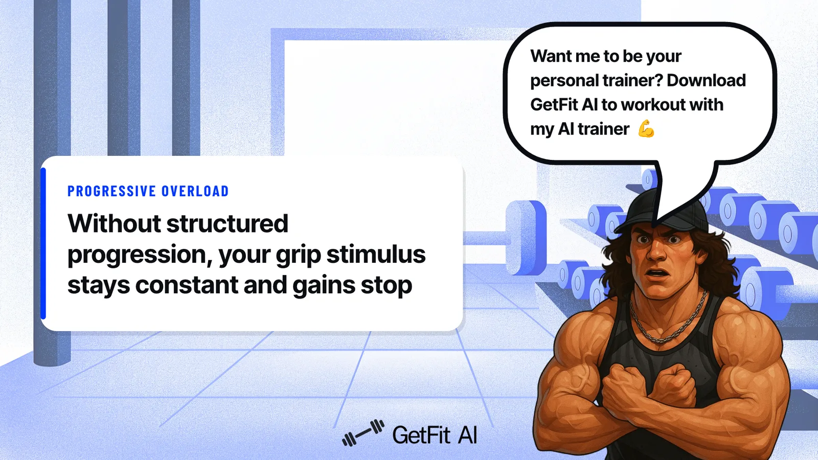 Sam Sulek stands beside a card reading "Without structured progression, your grip stimulus stays constant and gains stop" in front of a dumbbell rack