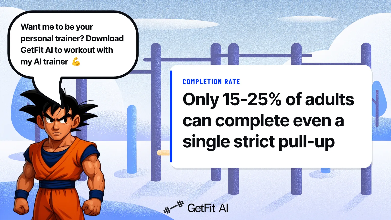 Goku stands beside a card reading "Only 15-25% of adults can complete even a single strict pull-up" at an outdoor calisthenics park