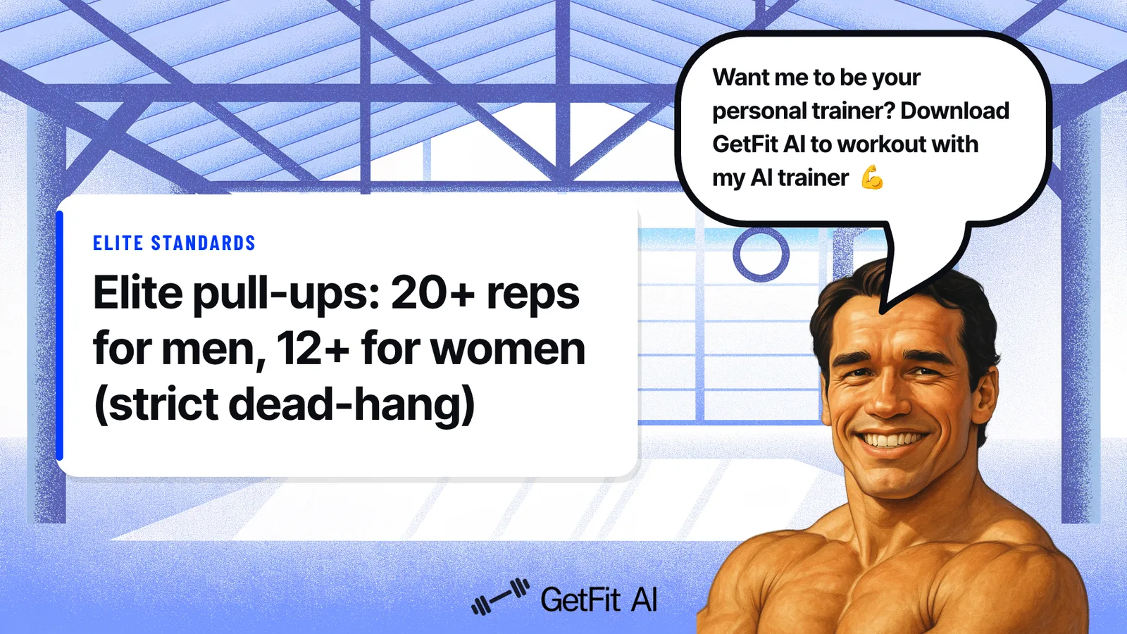 Arnold stands beside a card reading "Elite pull-ups: 20+ reps for men, 12+ for women (strict dead-hang)" in front of a pull-up rig