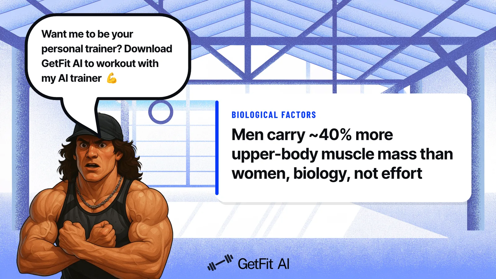 Sam Sulek stands beside a stat card at a pull-up rig reading: Men carry ~40% more upper-body muscle mass than women, biology, not effort