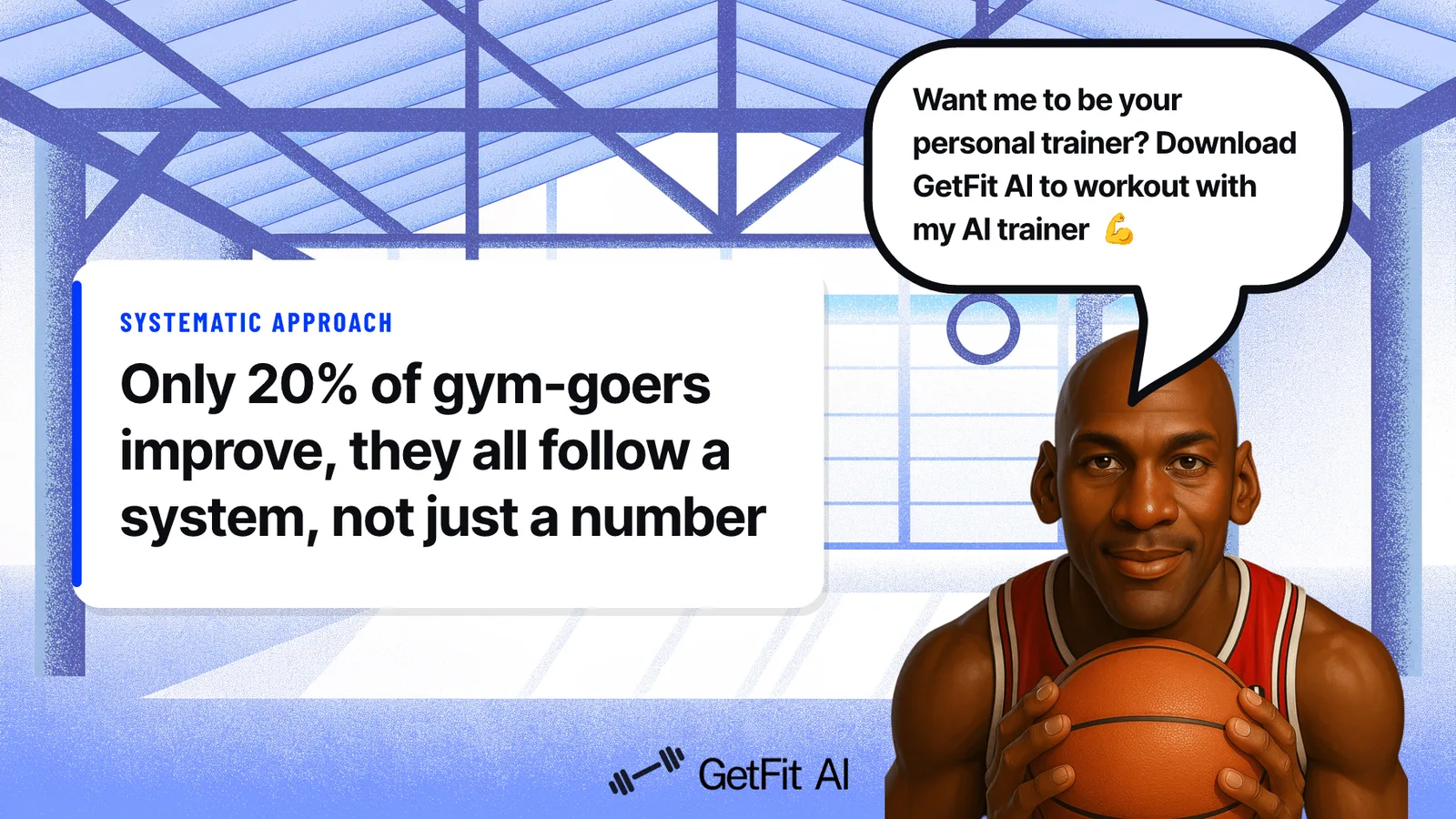 Jordan stands beside a card reading "Only 20% of gym-goers improve, they all follow a system, not just a number," set against a pull-up rig in an open training space