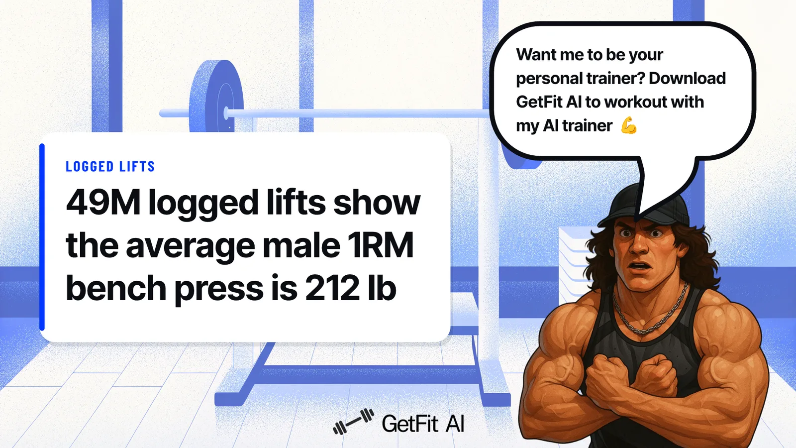 Sam Sulek stands beside a card reading "49M logged lifts show the average male 1RM bench press is 212 lb" at a loaded bench press station