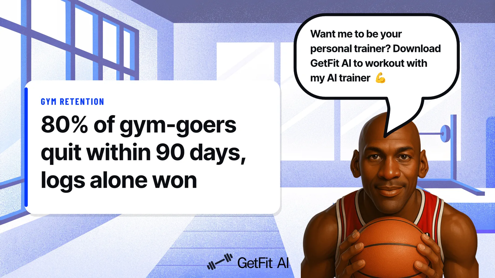 Jordan stands beside a card reading "80% of gym-goers quit within 90 days, logs alone won't save you," illustrating why a system matters more than accurate numbers alone