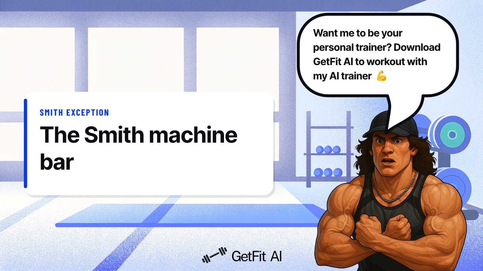 Sam Sulek stands beside a card reading "The Smith machine bar's effective weight is only 15-25 lbs, not 45" in a gym plate-tree setting