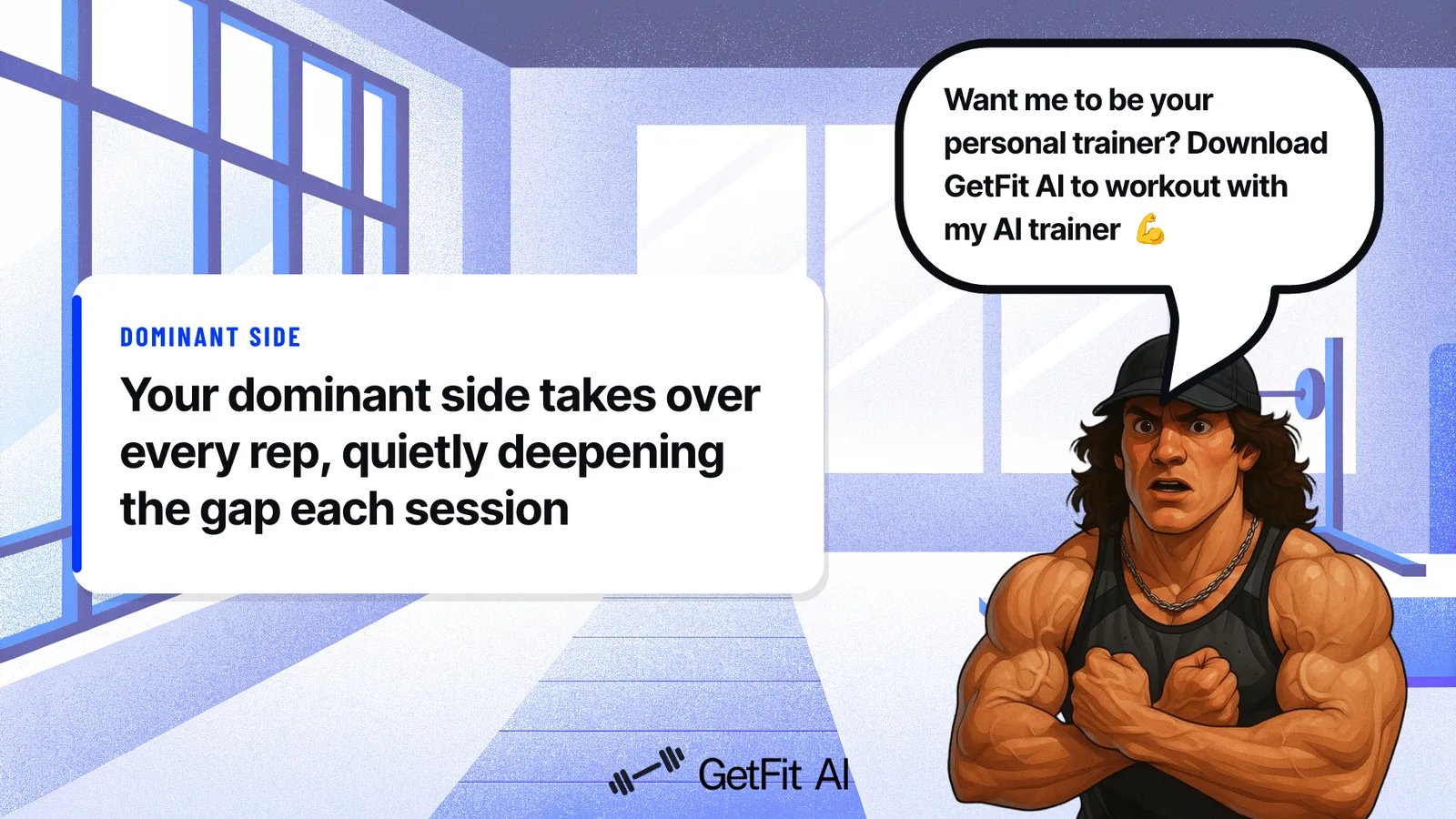 Sam Sulek stands beside a card that reads: Your dominant side takes over every rep, quietly deepening the gap each session