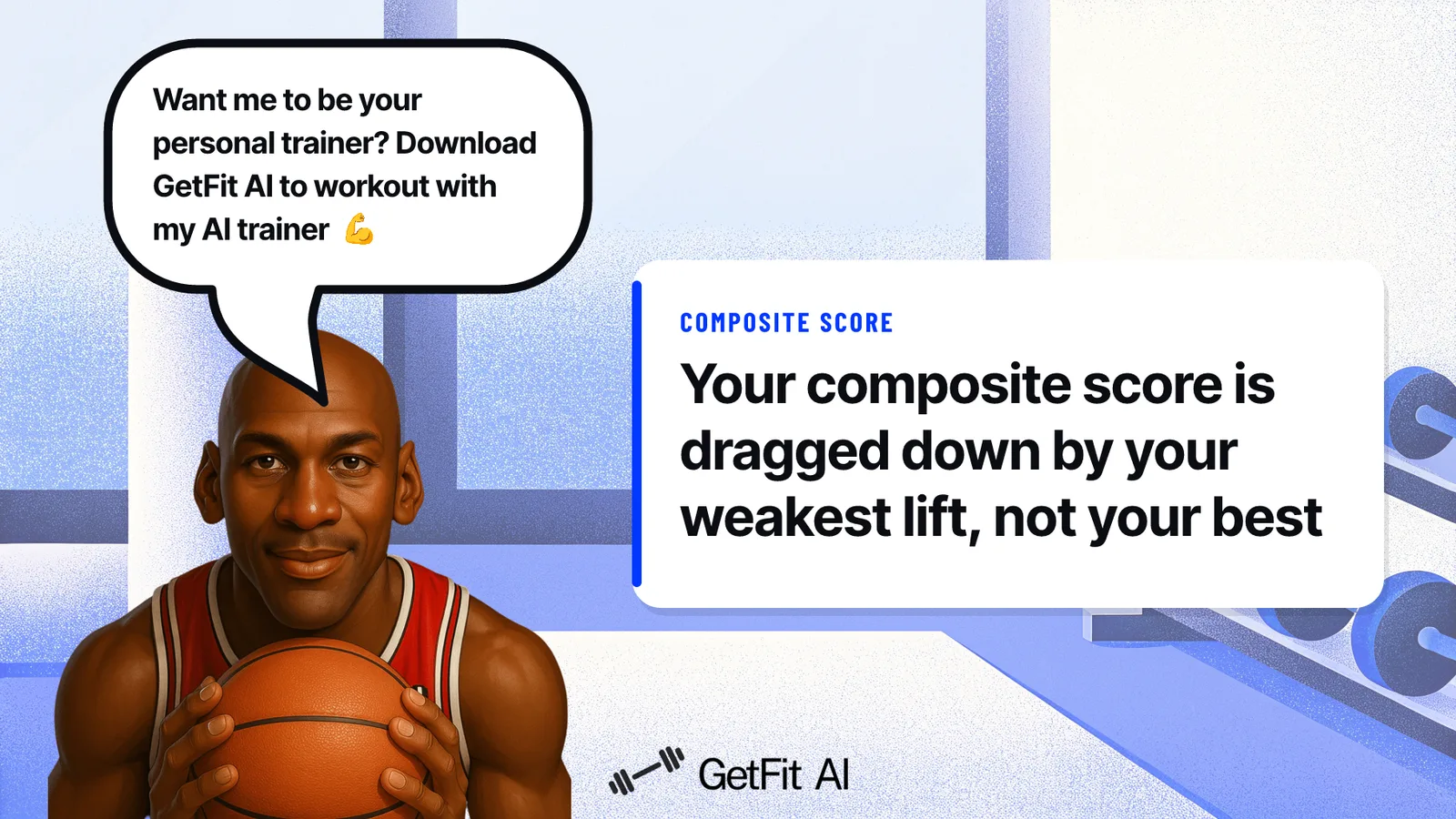 Jordan stands to the right of a card reading "Your composite score is dragged down by your weakest lift, not your best," beside a gym bench with a phone displaying a color-coded Symmetric Strength lift profile