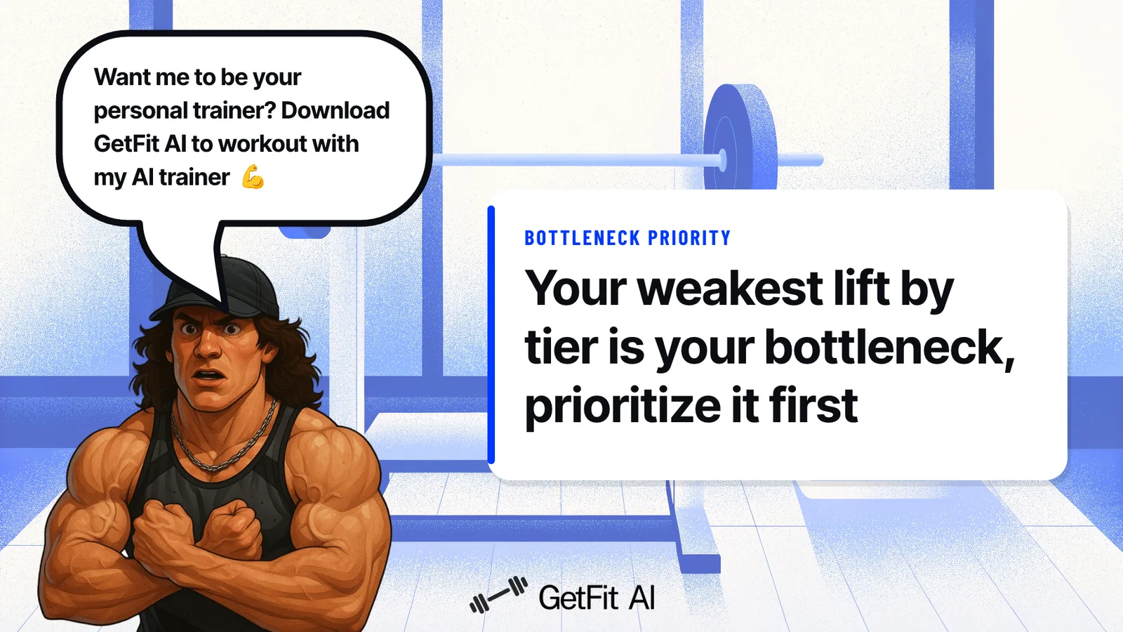 Sam Sulek stands beside a card that reads: Your weakest lift by tier is your bottleneck -- prioritize it first